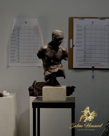 A bust in front of the project management wall